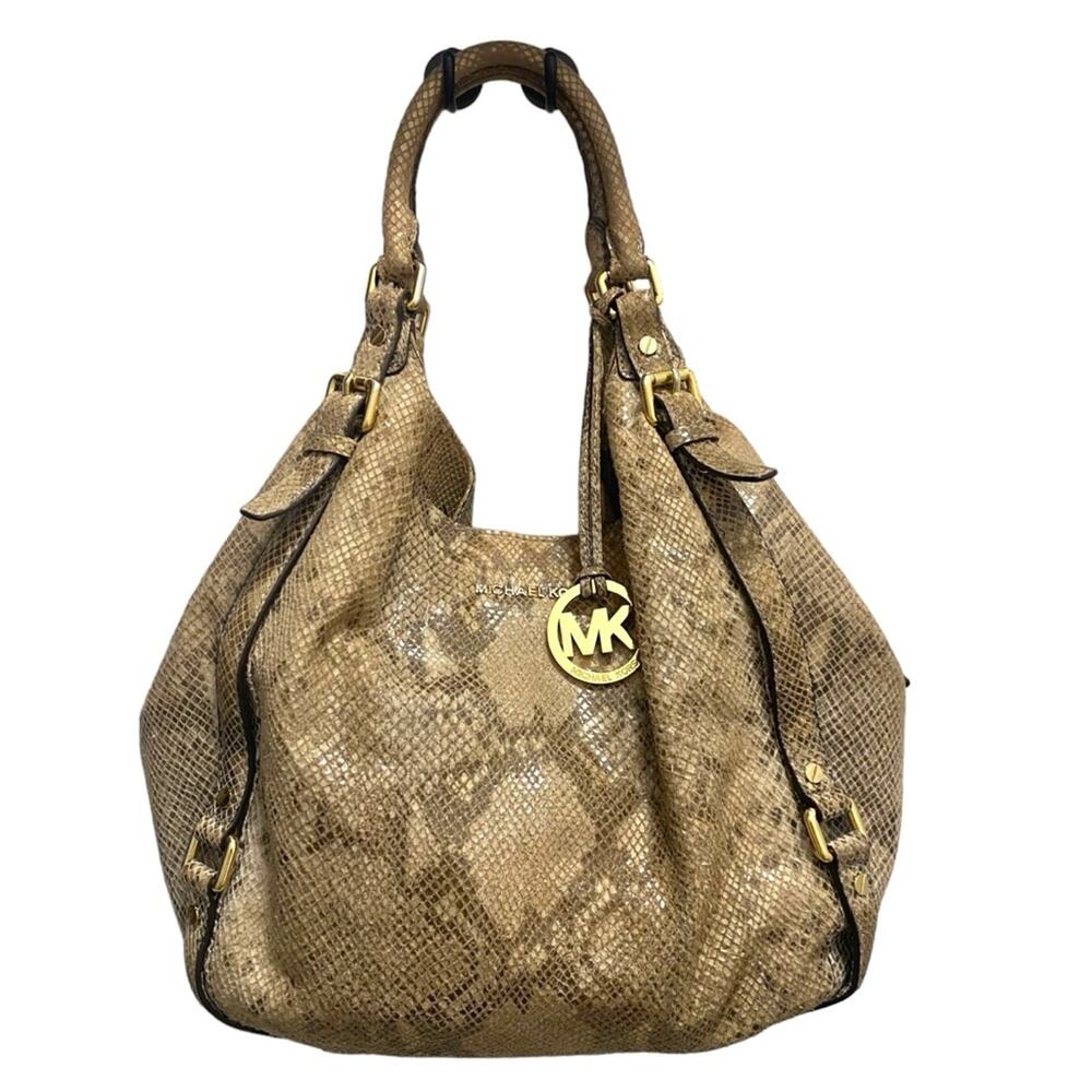 Michael Kors Beige Python Effect Leather and Suede Bedford Hobo Purse Tote Bag